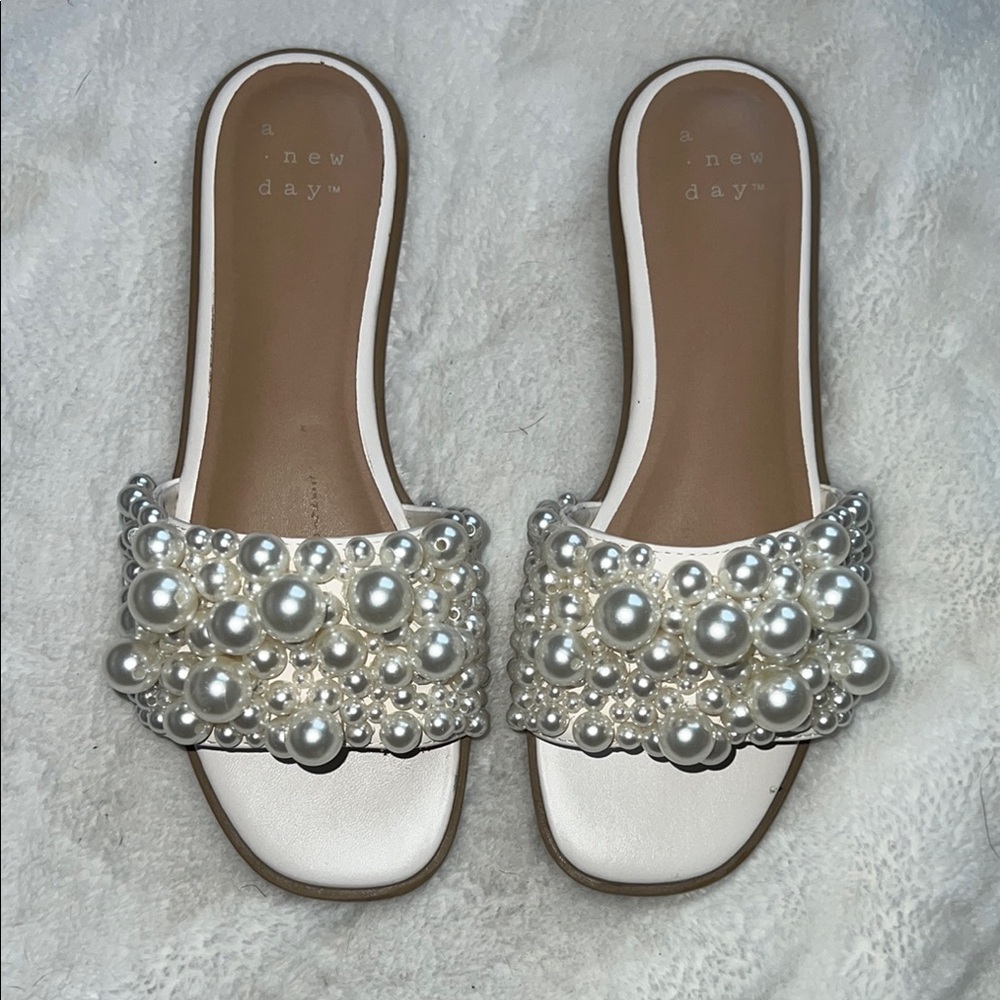 A New Day White and Brown Pearl Embellished Sandals